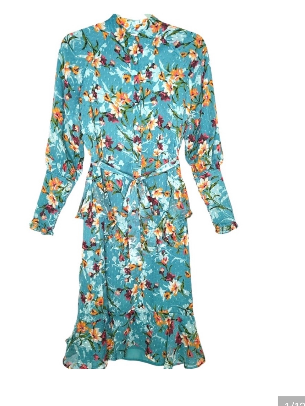 Walter Baker Teal Georgette Victorian Style Floral Button Front Ruffle Dress Med
